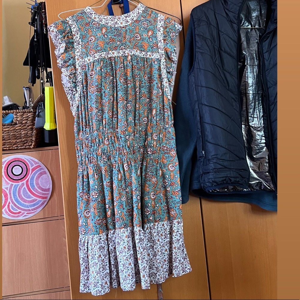 Cottagecore Green Floral Large Ruffle Pullover Sleeveless Midi Dress